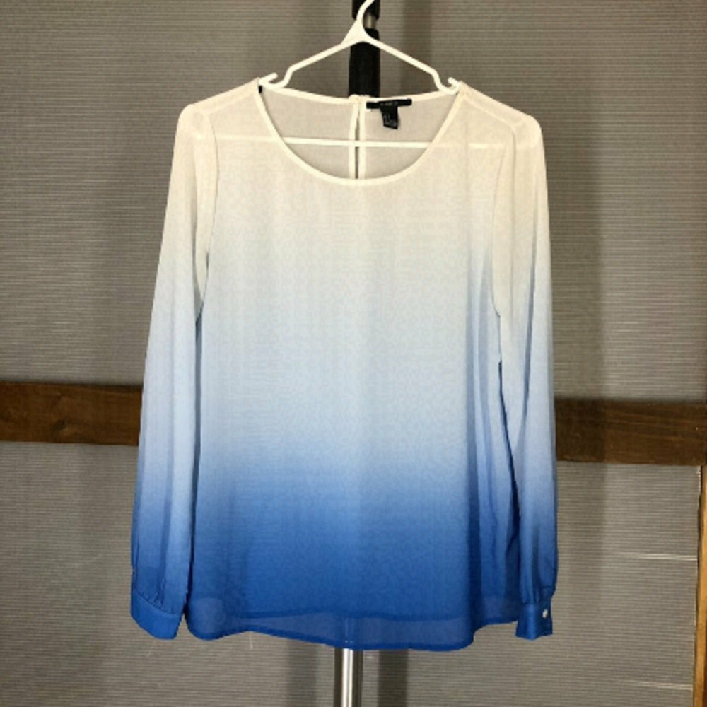 Forever 21 Women Blue White Ombre Chiffon Long Sleeve Blouse Small